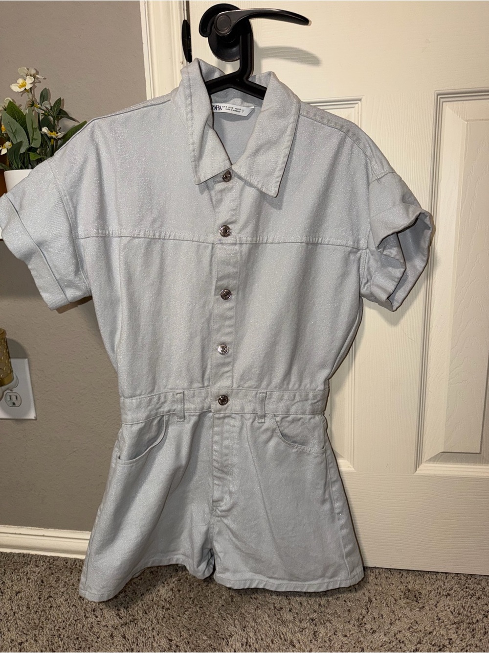Zara Light Grey silver shimmer Sleeve Denim Romper